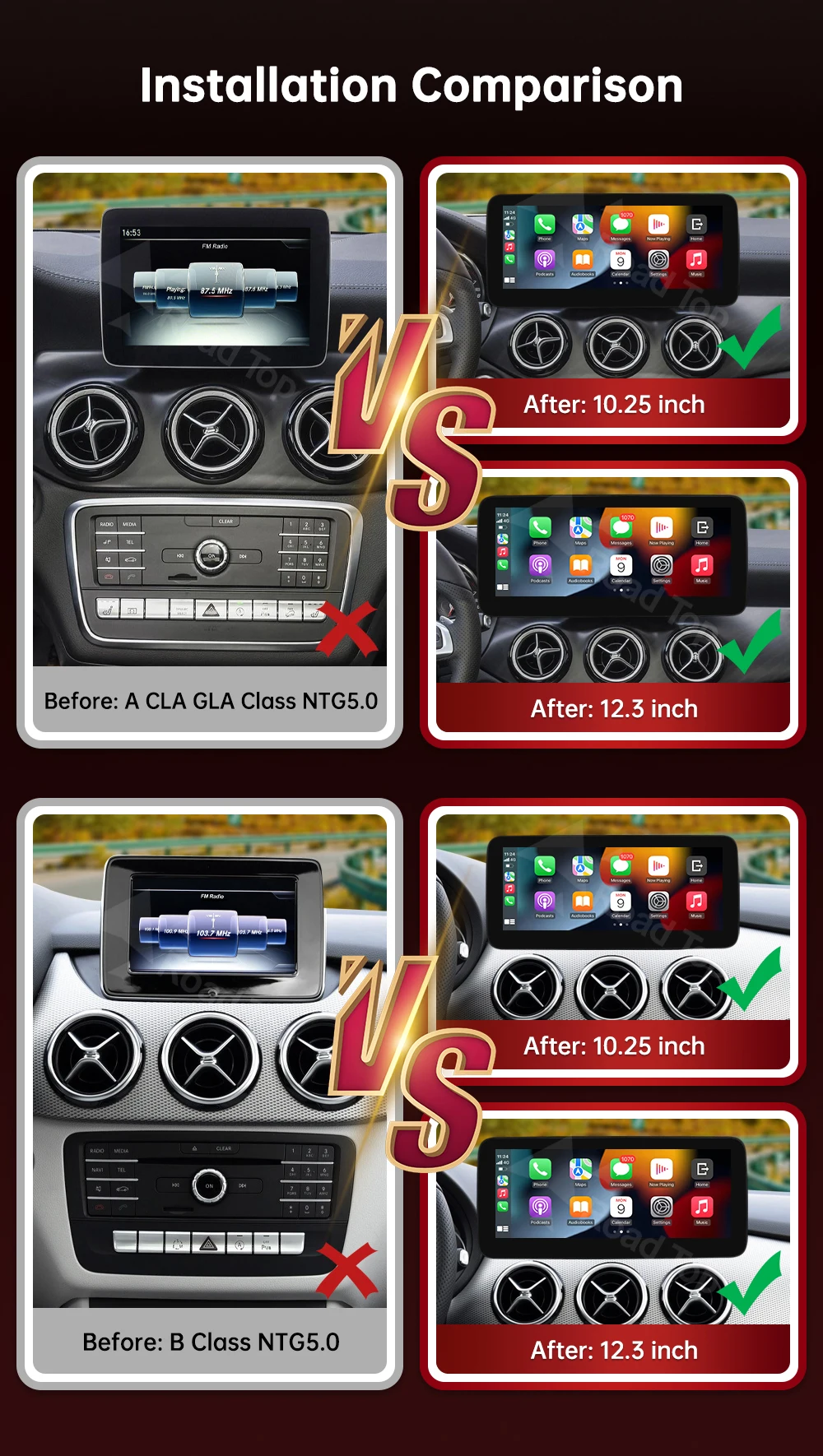 Kabelloses CarPlay Android Auto Multimedia-Radio-Display für Mercedes-Benz A B CLA GLA Klasse W176 W246 2016-2018 NTG5.0 – Detail 3