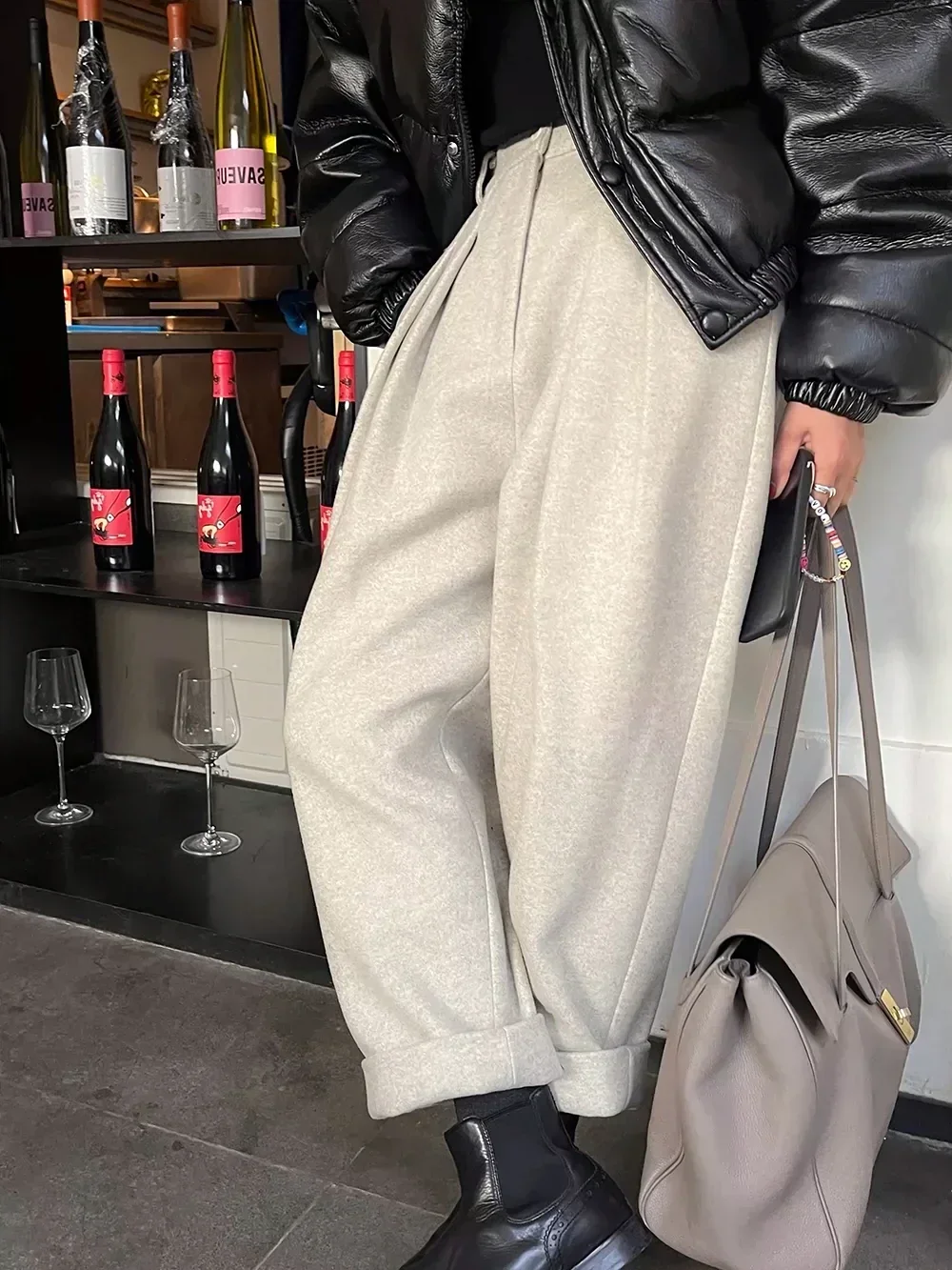Chic Women Casual Loose Pockets Woolen Suit Pants Autumn Winter High Waist Thicken Korean Ladies Solid Harem Trousers women suit pants