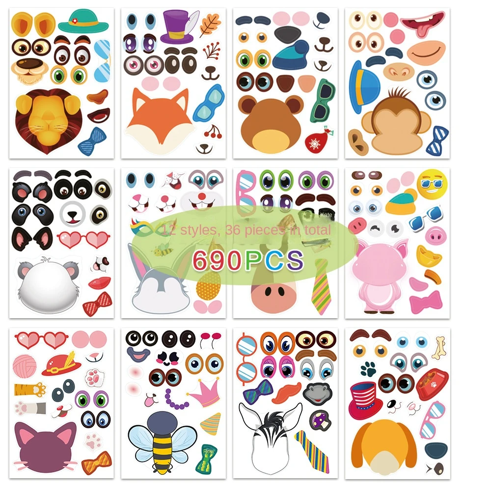 

36sheets 690pcs Make a Face Sticker Sheets animal for Kids Sticker installation
