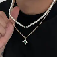 KunJoe 2Pcs/Set Retro Imitation Pearl Choker Necklace for Men Hip Hop Green Rhinestone Star Pendant Necklace Fashion Jewelry New
