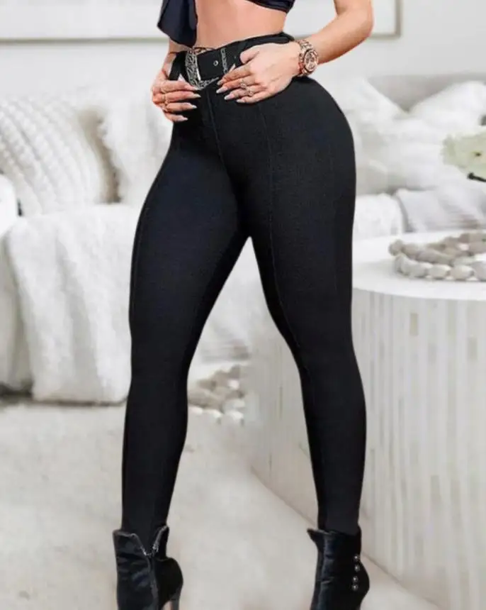 Women Skinny Pants High Waist Pocket Design Belt Pants 2024 Spring and Summer Vacation New Tight Yoga Sports Outdoor Pants autumn winter outdoor sports tight naked fitness wear high waisted yoga clothing three piece set