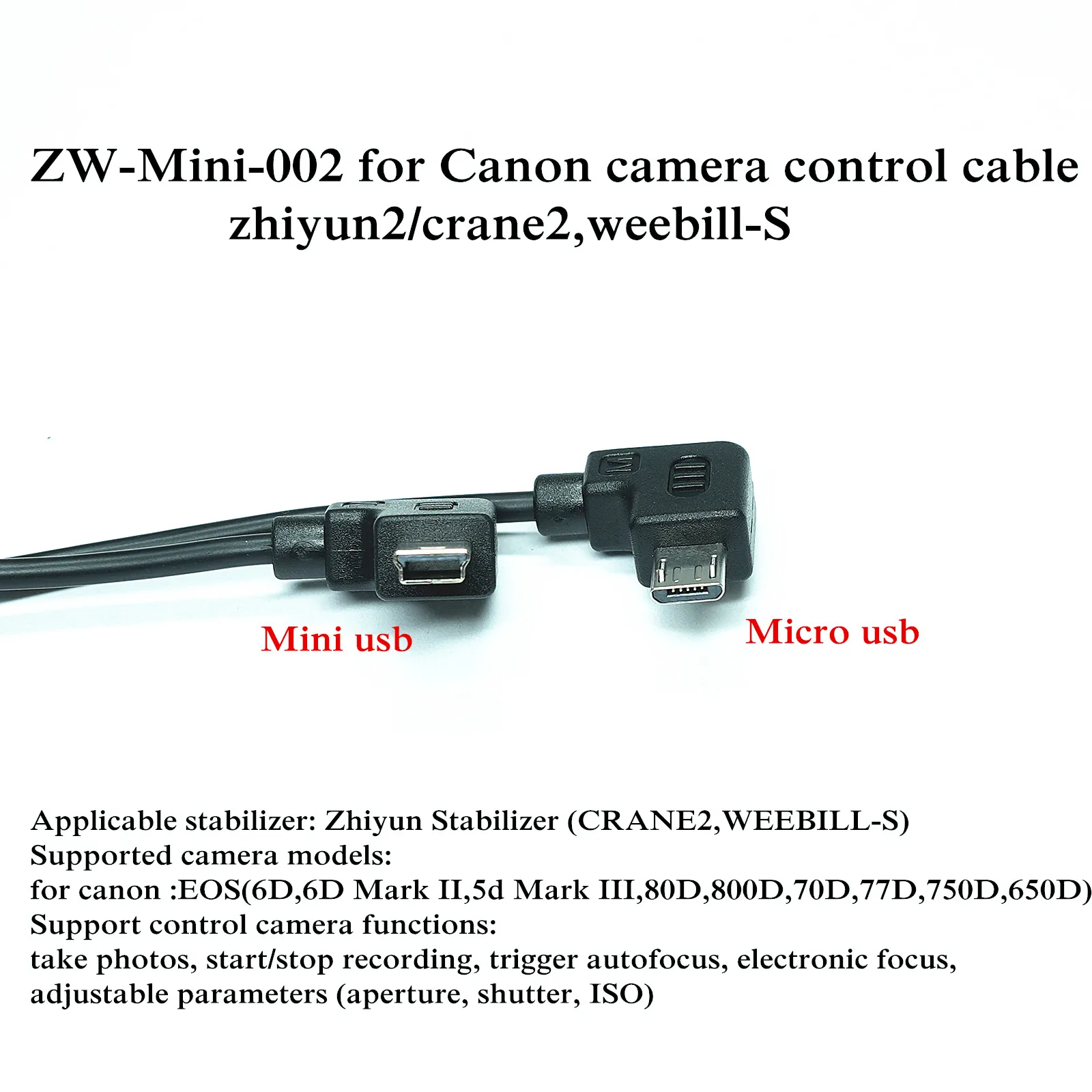 Canon cable For ZHIYUN Crane 2/ WEEBILL-S (Micro to Mini USB) Camera Control Cable EOS 6D 6D Mark II 80D Control Cable