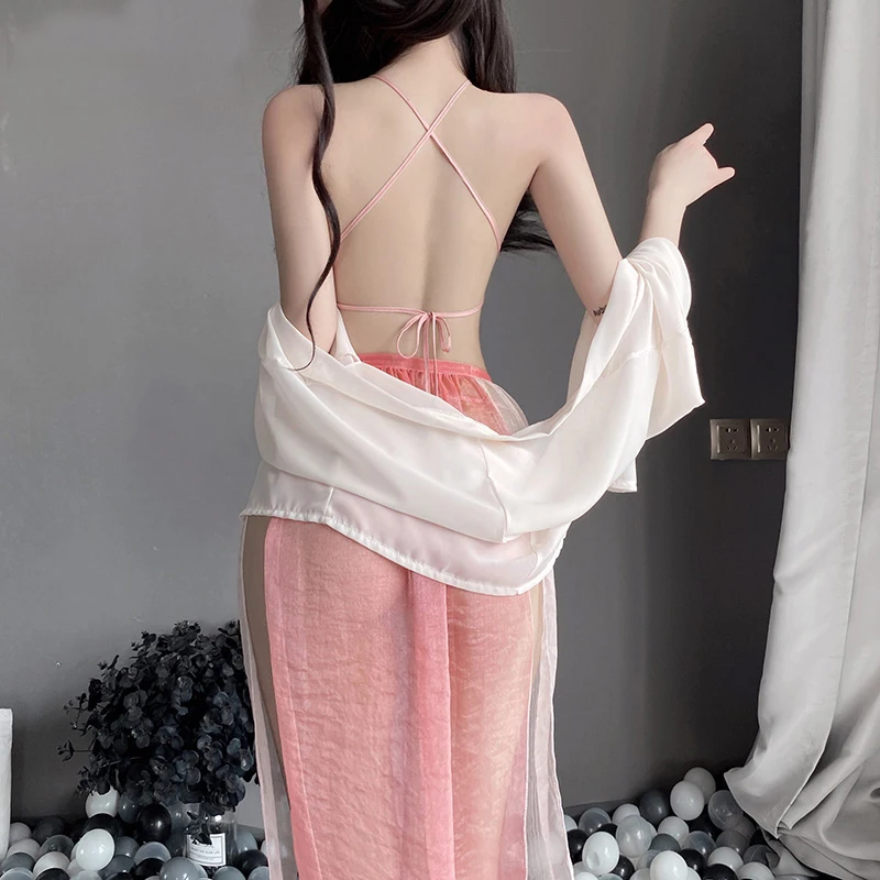 OJBK Women Sexy Lingerie Chinese Traditional Bathrobe Mesh Bandage Suit Girl See Through Sleepwear Blossoms Long Robes Nightgown