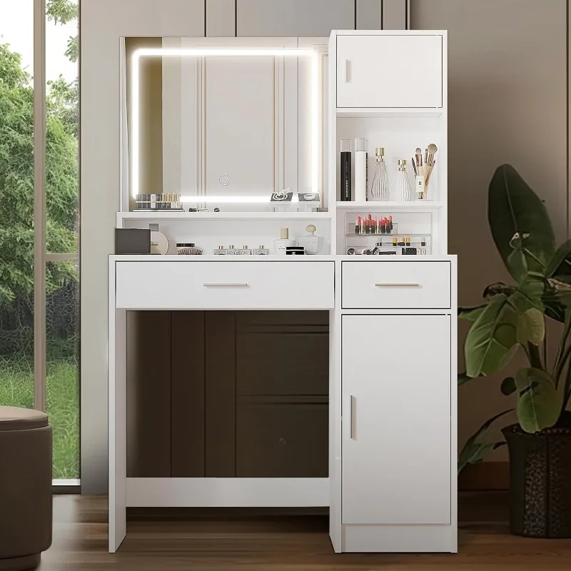 

Mirror and LED Light Strip,Dressing Table with Large Drawer, 3 Level Storage Dresser & 3 Lighting Modes Adjustable Brightness