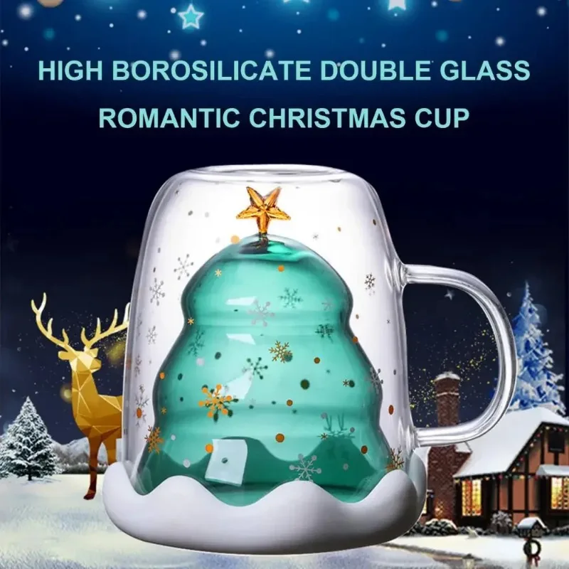 300ML Double Layer Water Glass Cup Thicken Xmas Tree Shape High Mug Lid Kitchen Tools Borosilicate Christmas Tree Coffee
