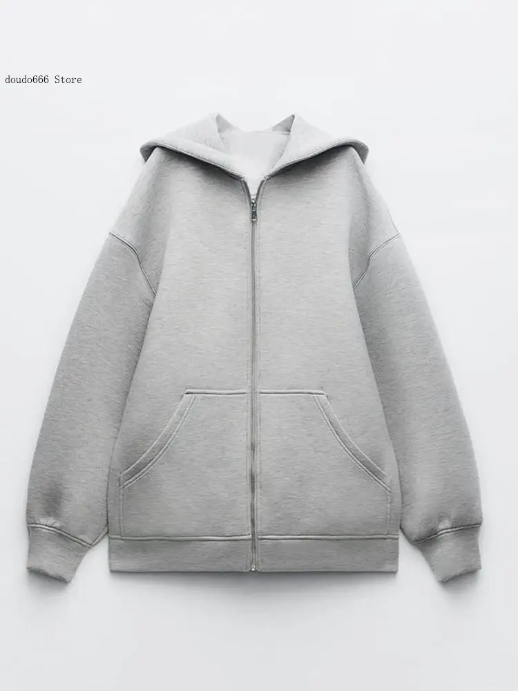 Autumn and Winter Women's Casual Coat Warm Hooded Long Jacket Long Sleeve Large Pocket Zipper Grey Jacket Coat 3