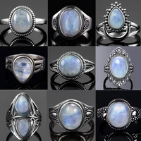 Round Oval Big Natural Moonstones Rings Women's S925 Silver Rings Gifts Vintage Fine Jewelry