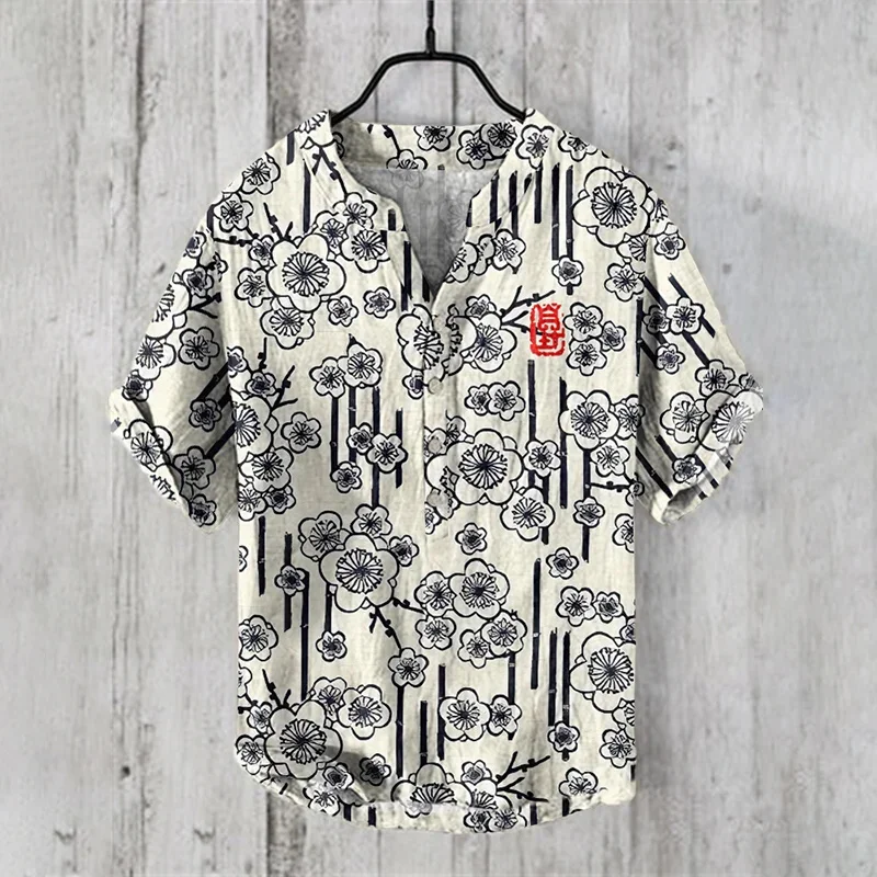 Koi Art Printed Linen Blended V-neck Men's Fashion Shirt 3
