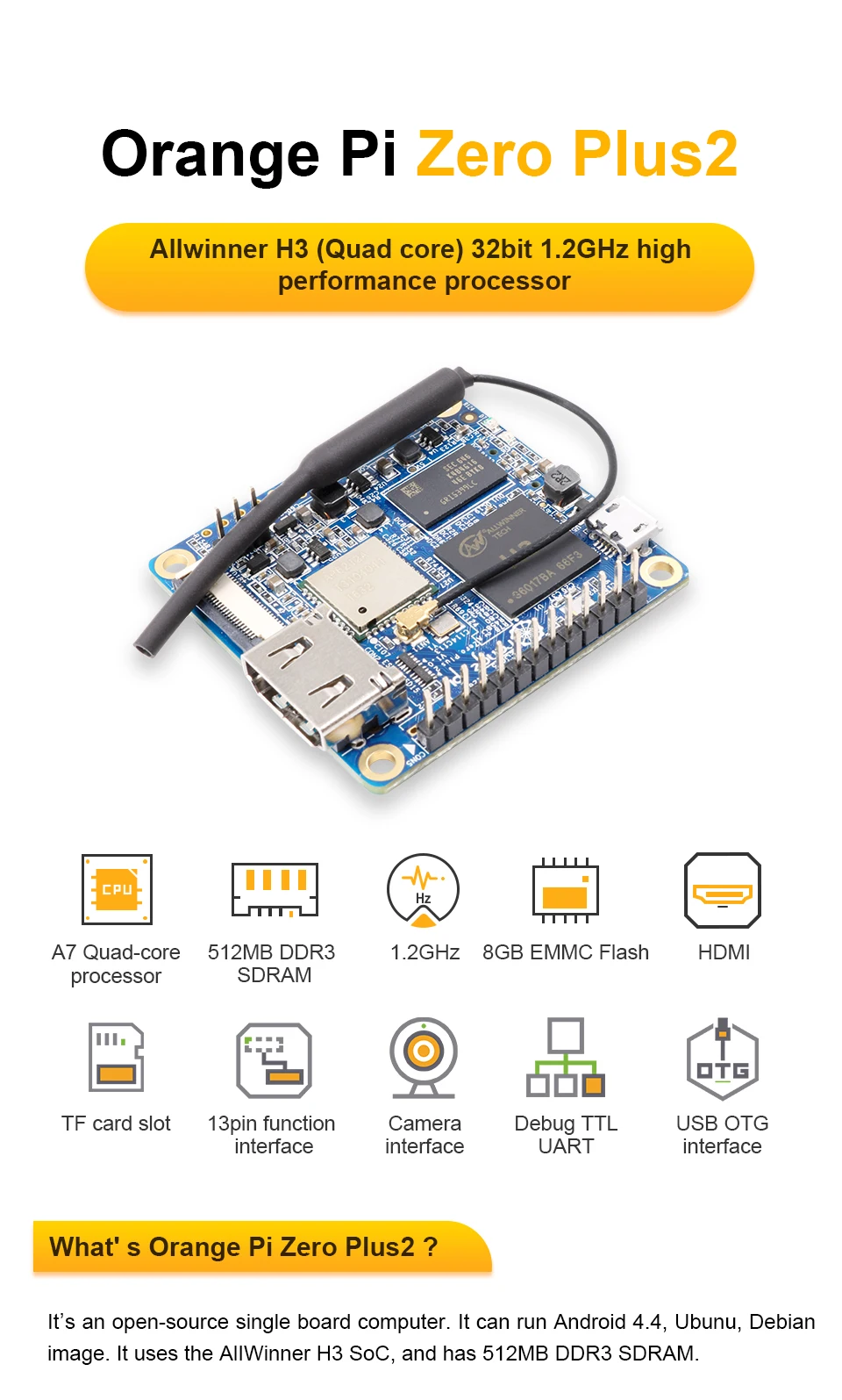AvaCoreOrange Pi Zero Plus 2 싱글 보드 컴퓨터 512M RAM Allwinner H3 Wifi 블루투스 실행 안드로이드 4.4 우분투 데비안 개발자