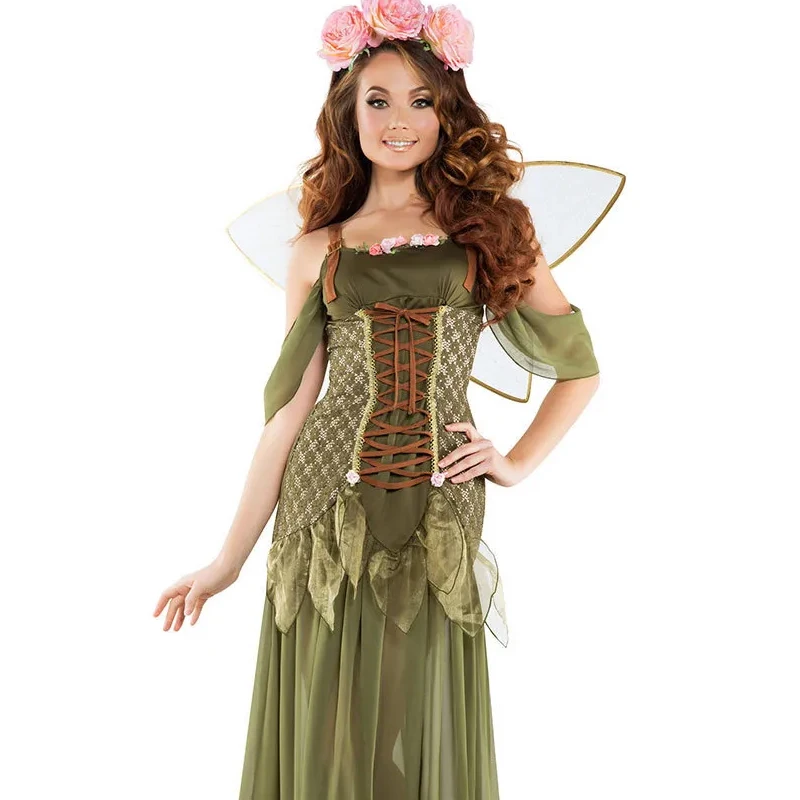 

Halloween Adult Women Cosplay Fantasia Fancy Dress Fairy Cosplay Costume Party Angel Elf Flower Fairy Tale Green Forest Dresses