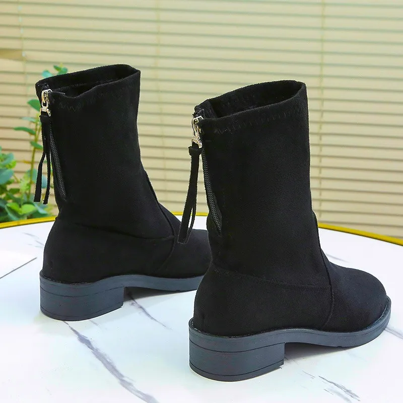 New Shoes for Women Fashion Zipper Women's Boots Winter Round Toe Solid Flock Casual Short Barrel Low-heeled Roman Shoes Women