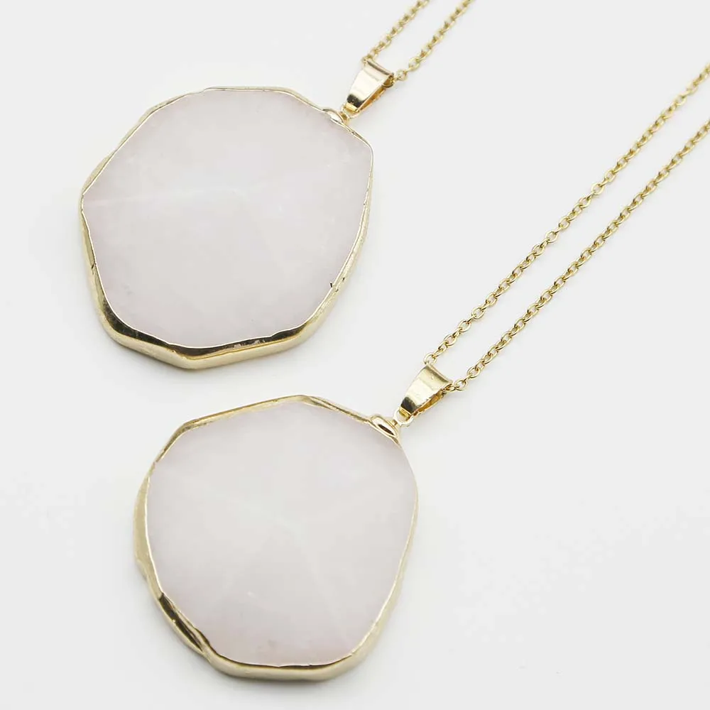 Natural Stone Irregular White Crystal Gold Edge Pendant Stainless Steel Chain Necklace Charms Jewelry Accessories Wholesale 4PCS