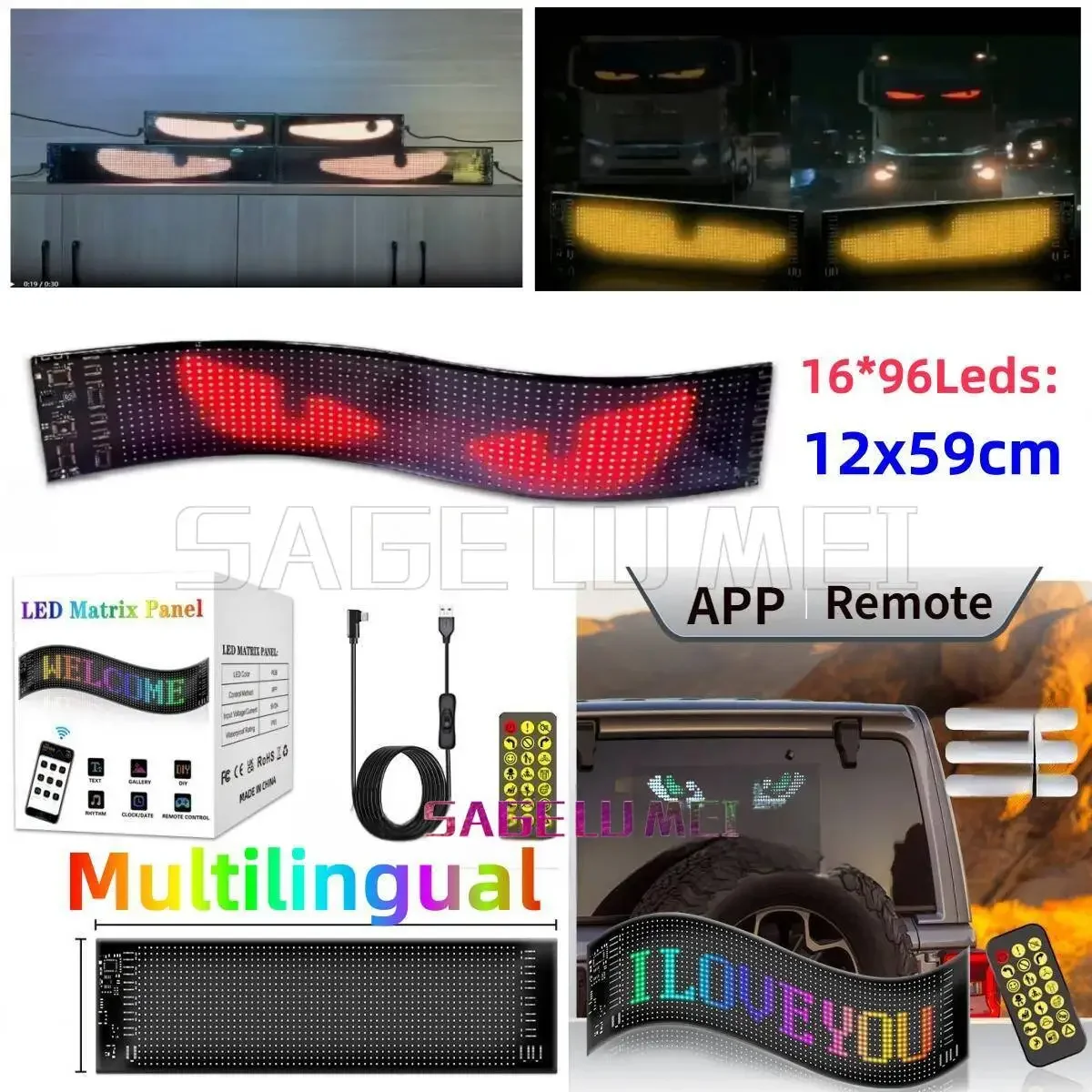 LED Display Light LED Panel 5V USB LED Car Truck Display Screen Remote BT App Control Multilingual Scrolling