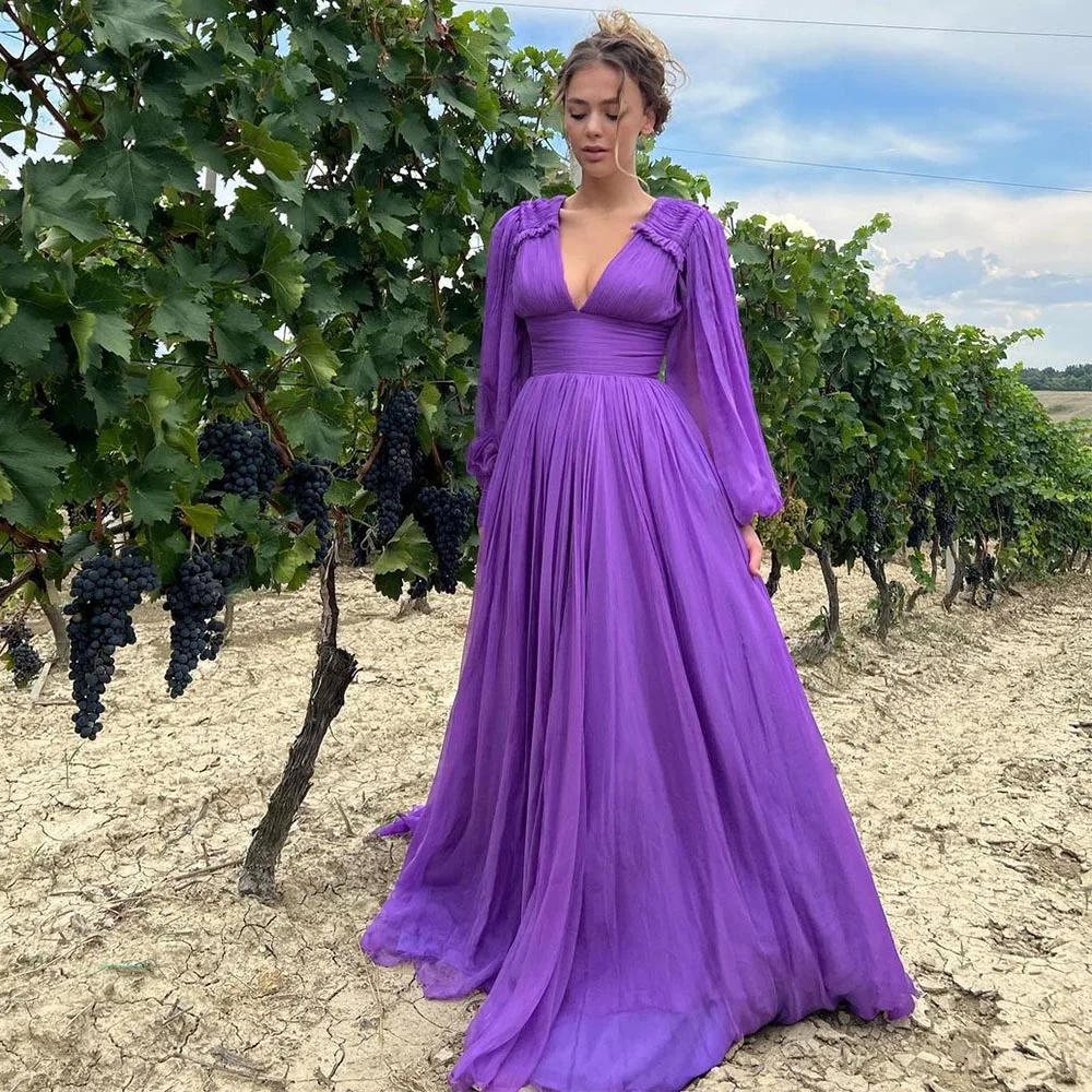 

Sevintage Elegant Purple Chiffon Prom Dresses V-Neck Long Sleeves Pleat Ruched A-Line Wedding Party Dress Evening Gown 2022