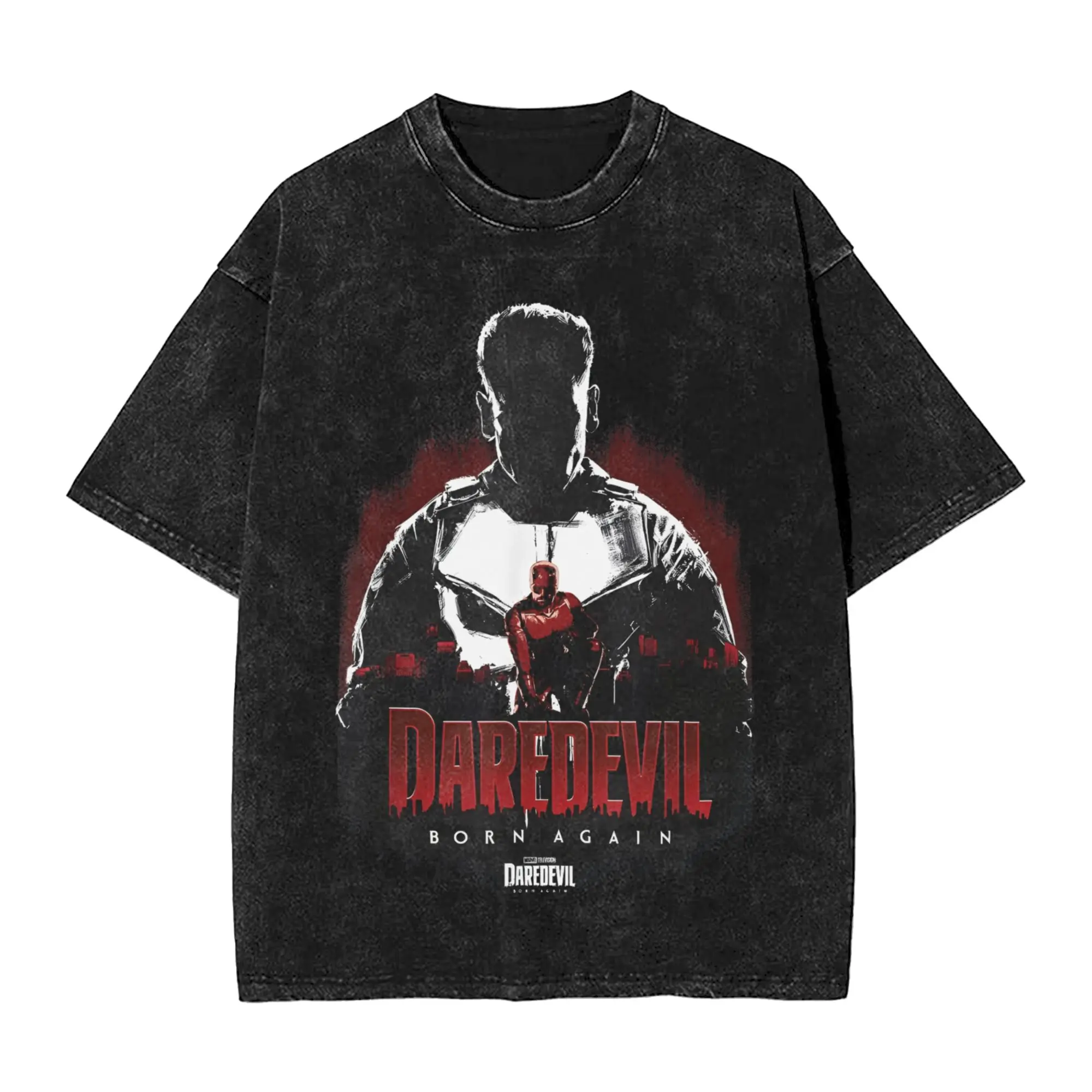 Daredevil Born Again Punisher Lurking Over The City Vintage Washed T-Shirt Herren Baumwolle Kurzarm Rundhals Sommerkleidung