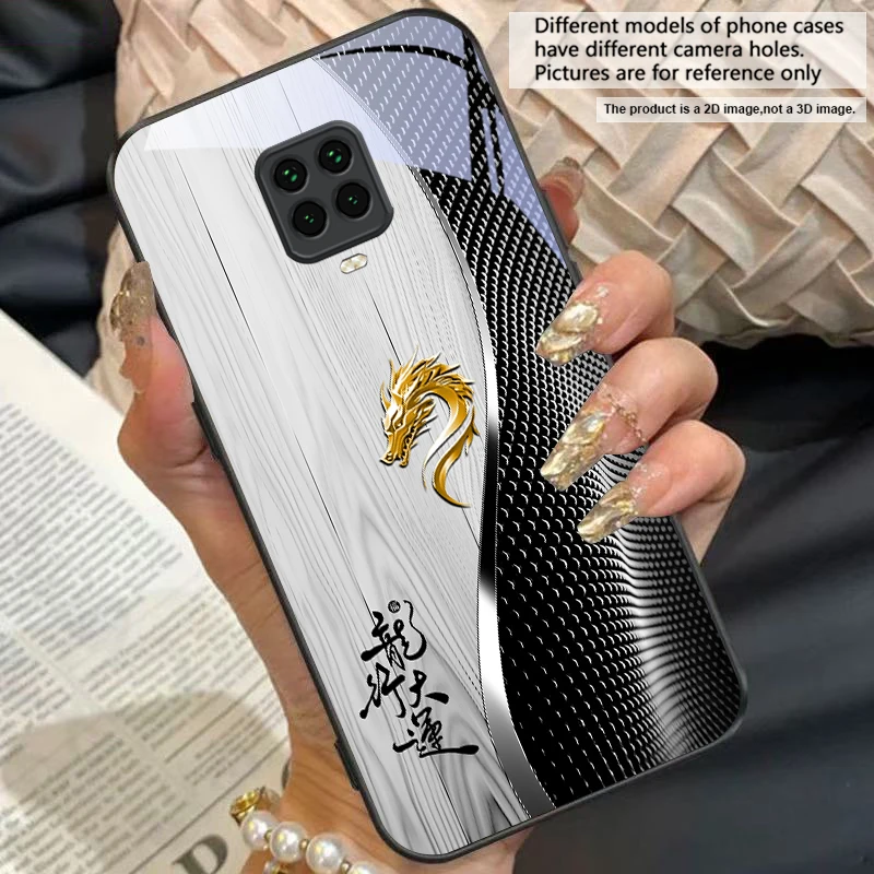 Elegant Black Tempered Glass Phone Case with Traditional Dragon Totem Design