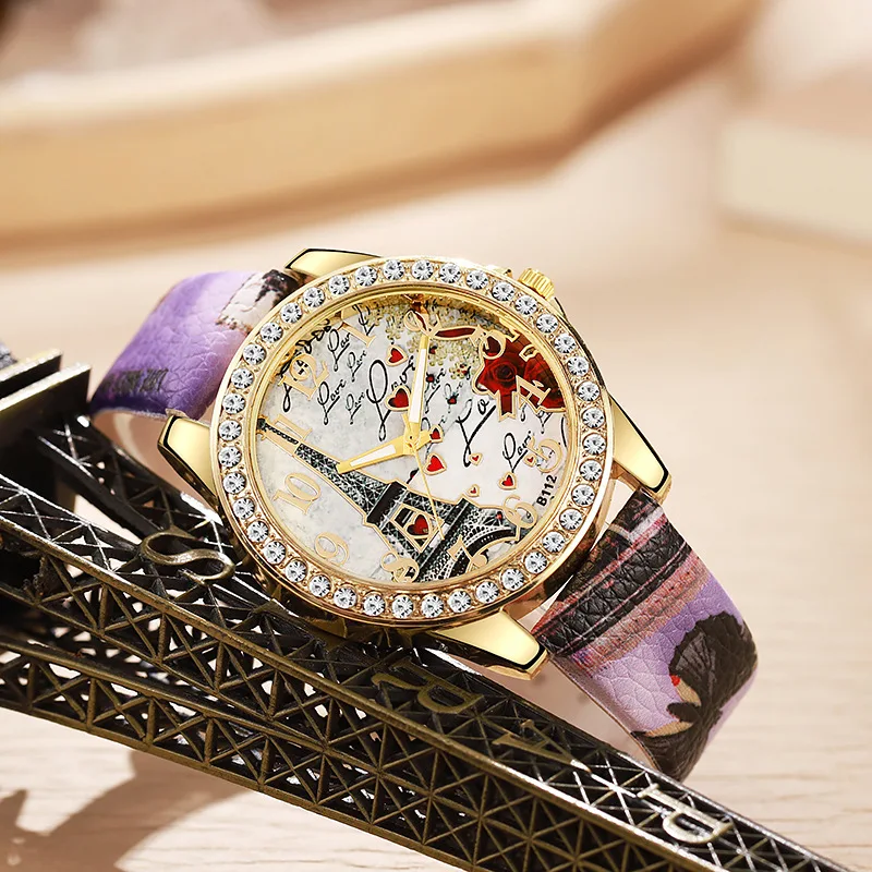 Belt printed women's watch Paris Tower digital diamond quartz watch