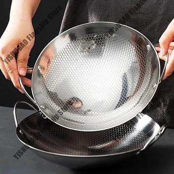 Padella in acciaio inossidabile da 10 pollici Padella antiaderente Wok a nido d'ape Friggitrice domestica Cottura pentola a secco Fornello a gas Pentole da cucina non rivestite 1