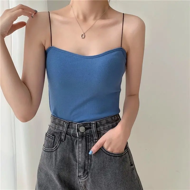 White Camisoles For Women Elegant Blue Spaghetti Strap Tank Top Summer Female Sexy Backless Slim Tops 2022 New Sleeveless Camis white bra