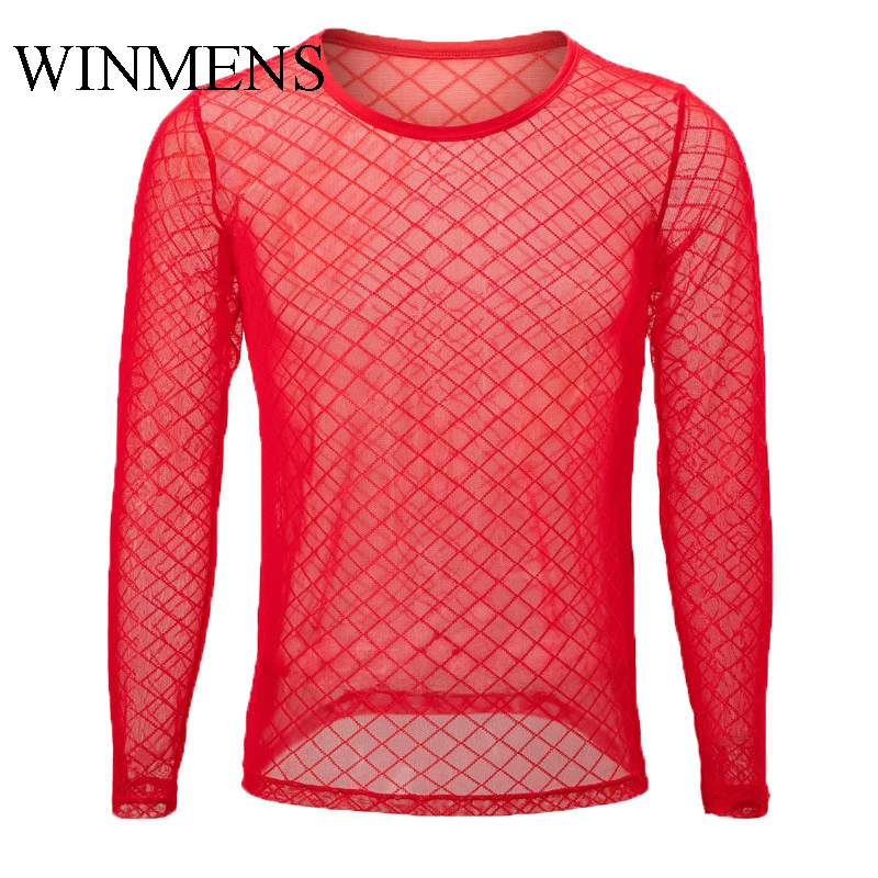 Men's See Through Undershirts Long Sleeve Breathable Mesh Underwear Diamond Plaid Transparent Gay Erotic Tops Fitness Shirts