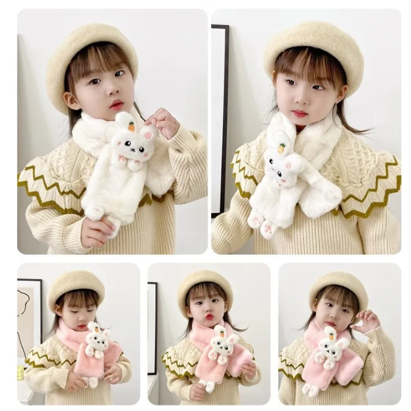 Baby Scarf Boys Girls Winter Scarfs Thick Plush Cross Children's Baby Bib Cute Cartoon Rabbit Faux Fur Neck Protection Warm Shawl baby scarf