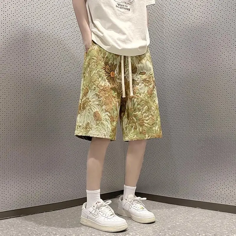 Chinese Style Comfortable Minimalist Casual Men's 2024 Summer Printed Elasticized Printed Drawstring Pocket Fashion Loose Shorts