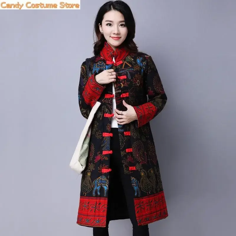 

Woman Fashion Flower Printed Cotton Loose Coat Female National Style Femmes Loosechinese Style Stand Collar Winter Coat