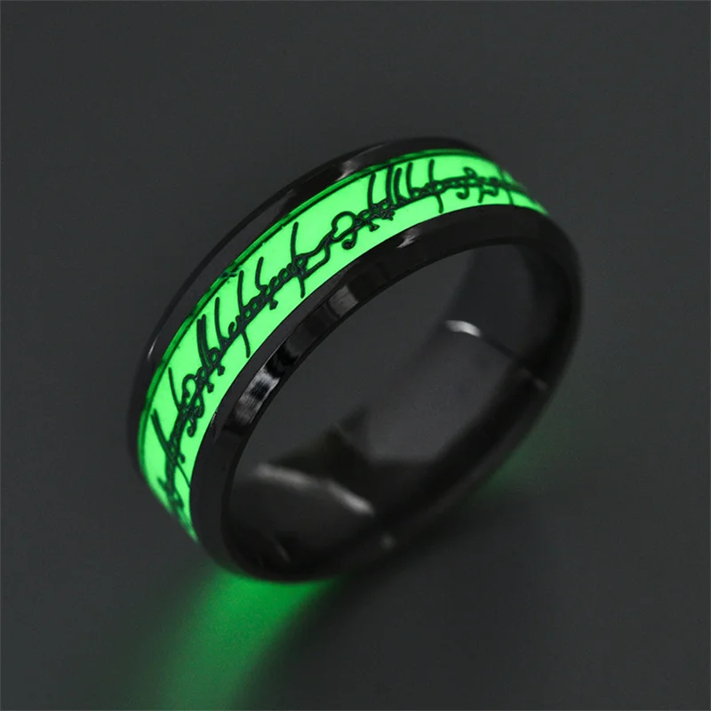 Anéis luminosos para homens, aço titânio, brilho retrô no escuro, presente fluorescente para joias, anel de metal