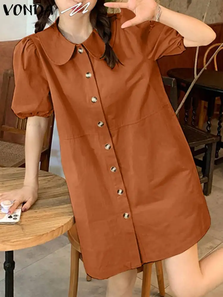 

Summer Solid Color Dress 2024 VONDA Women Casual Short Sleeve Mini Sundress Fashion Short Party Robe Femme Vestidos Oversized