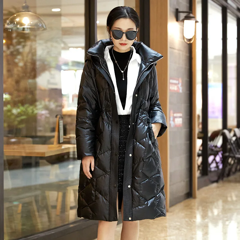 Women's Medium Long Hooded Coat, 90% Goose Down Jacket, Mink Strip Pocket Trim, Winter, New