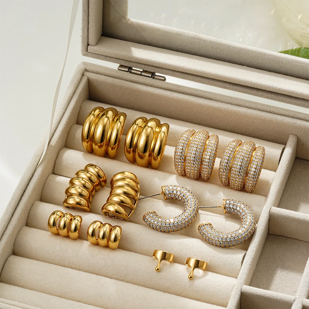 Italy Designer No Tarnish Sparkle Rhinestone Huggie Hoop Earrings Wide CC Glossy Earclips Ear Cuff Vintage Aesthetic Jewelry New