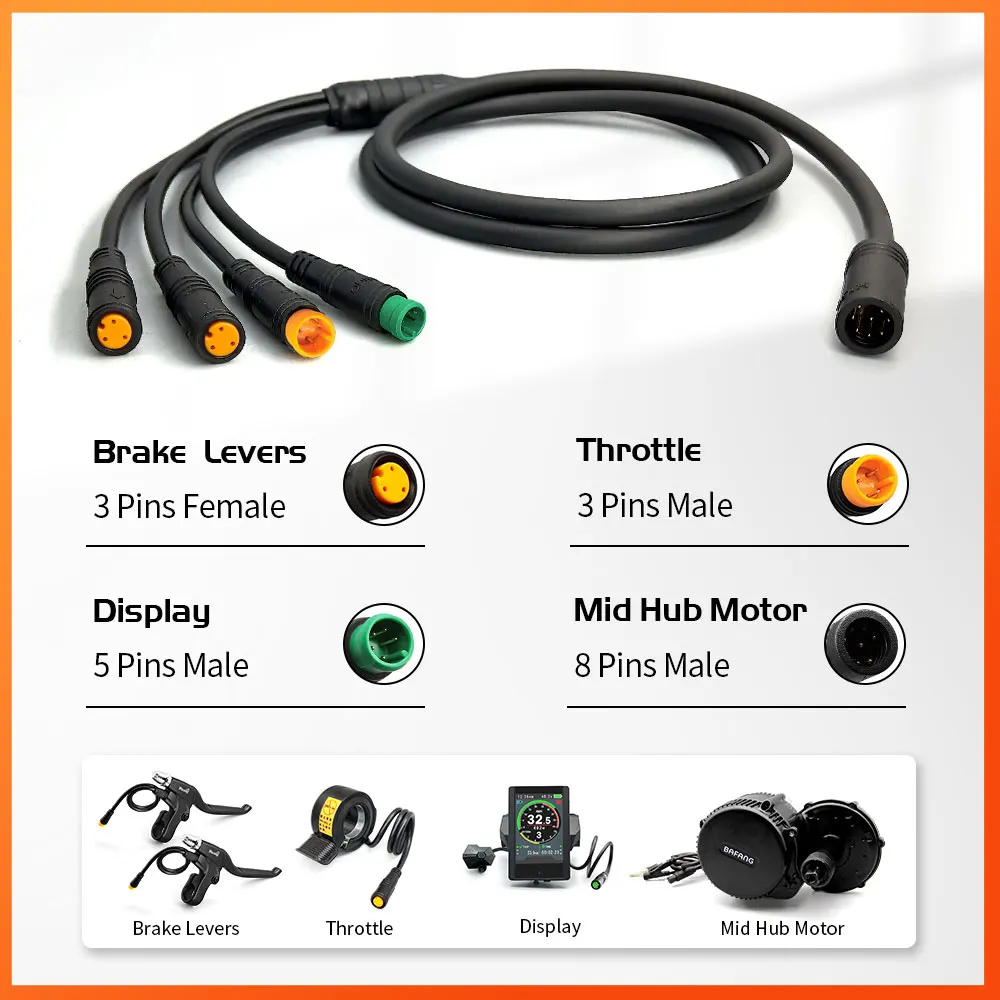 Electric Bicycle BAFANG 1T4 Cable For BBS01 BBS02 BBSHD Motor Show Brake Lever Throttle Connector Electric Bike Accessories electric bike throttle,electric bike parts,electric bike brake lever,electric bike plug connector,electric bike switch,electric bicycle cable,electric bike wire box