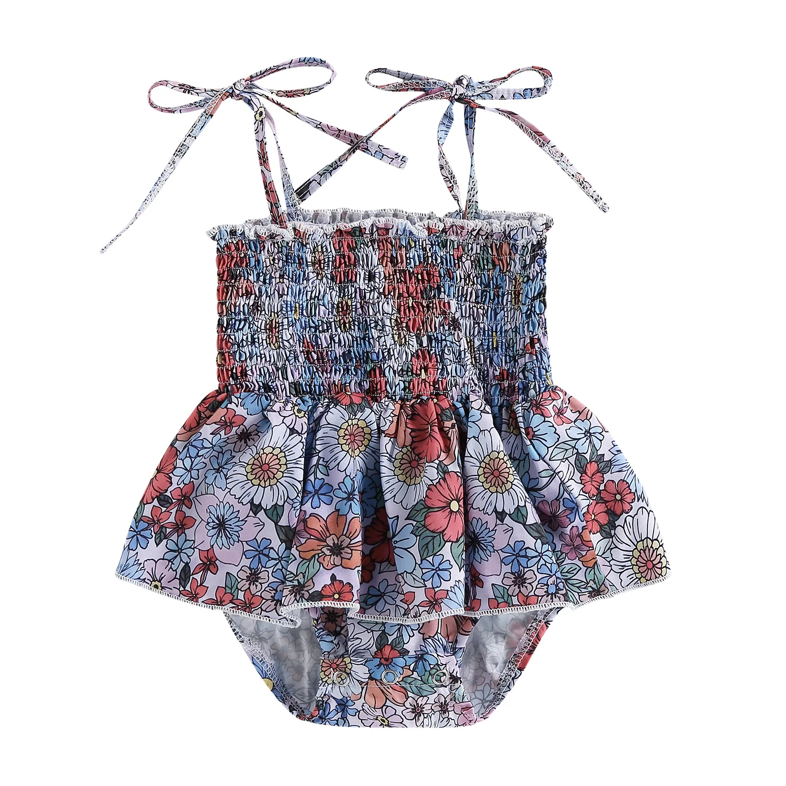 

Cute Toddler Girls Floral Print Sleeveless Romper Dress with Ruffle Hem and Snap Button Summer Tutu Jumpsuit Playsuit