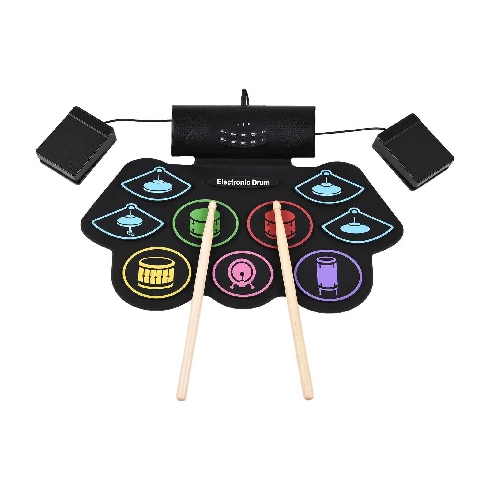 Electronic Drum Set Hand Roll Drum Percussion Instrument 9 Pads BT External Sound Drumsticks Foot Pedal MIDI Interface Speaker