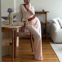 Women Fashion Lounge Set Vintage 2 Piece Outfit V Neck Waist Tie T-shirt + Elastic Waist Pants Autumn Long Sleeve Crop Tops 1