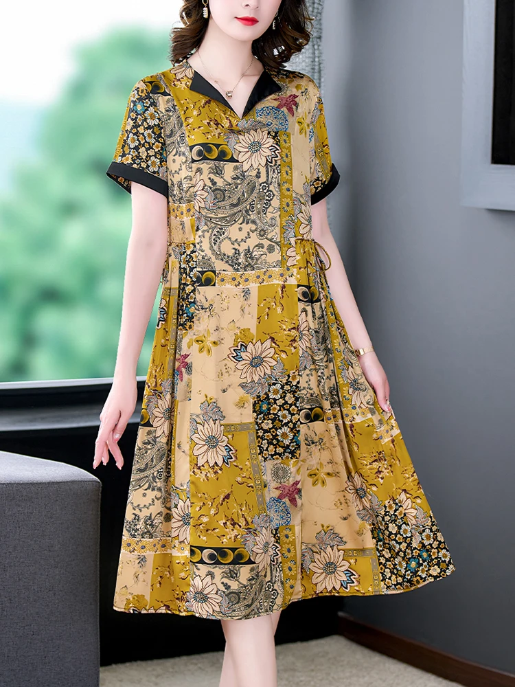 

Women Floral Short Sleeve Polo Collar Midi Dress 2024 Elegant Dresses for Official Occasions Summer Korean Fashion Bodycon Dress