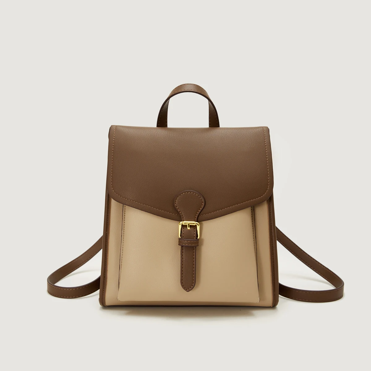 Women's Stylish Two - tone Leather Backpack with Gold tone Buckle Detail Ideal for Daily and Fashionable Looks