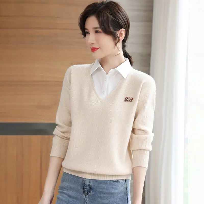 

Женский свитер с имитацией двух предметов на весну и осень, новинка 2023, женская одежда, модный офисный пуловер с воротником-поло для дам, свитер