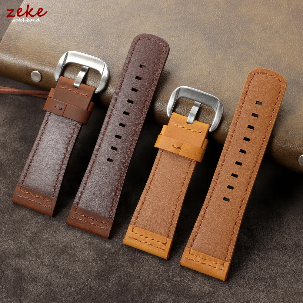 Vintage Crazy Horse Leather Watch Strap - Premium Top Grain Cowhide with Black Silver Clasp, 28mm