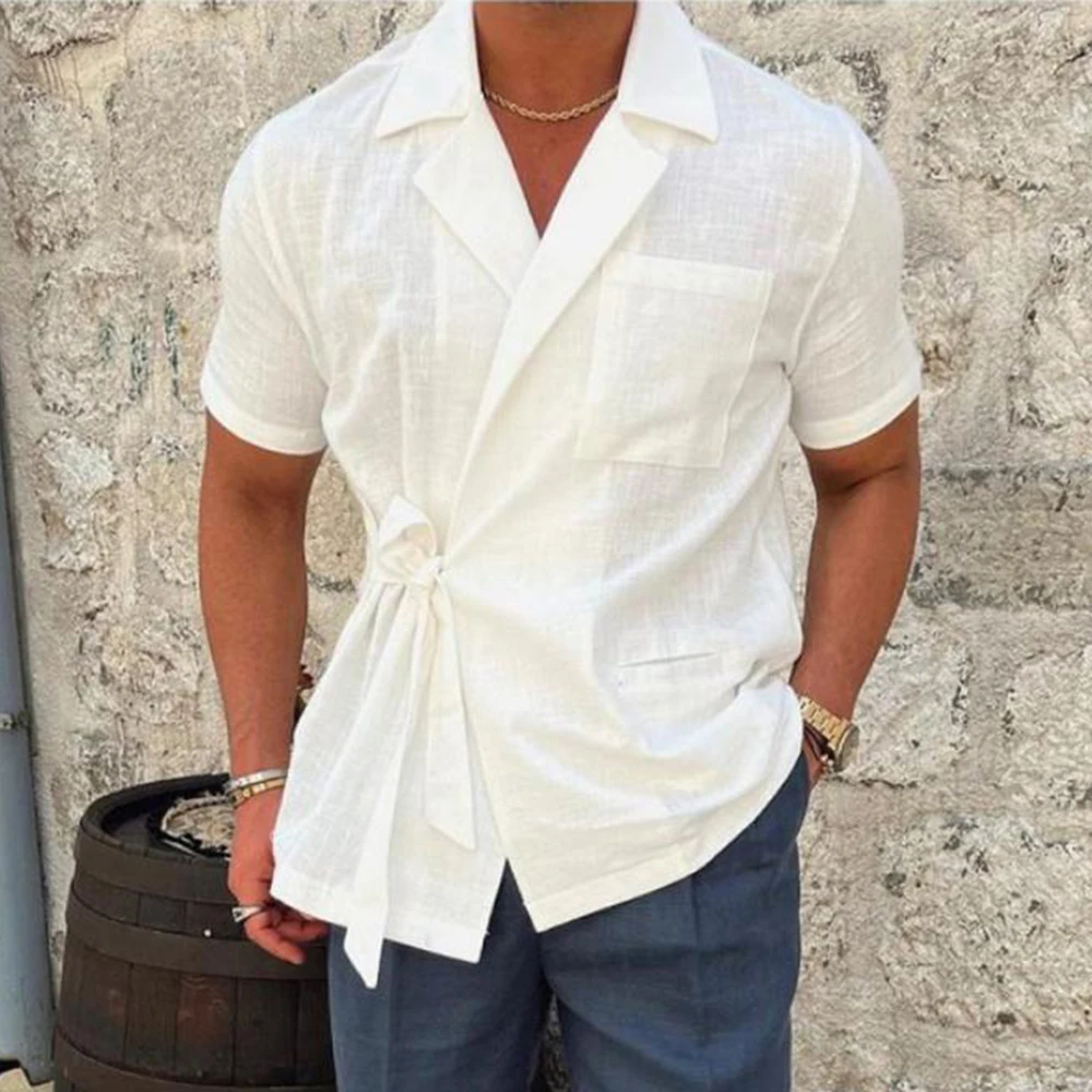 

Loose Casual Simple Top Summer Solid Color Linen Short-sleeved Shirt Suit Lapel Strap French Elegant Gentleman shirt Men Clothes