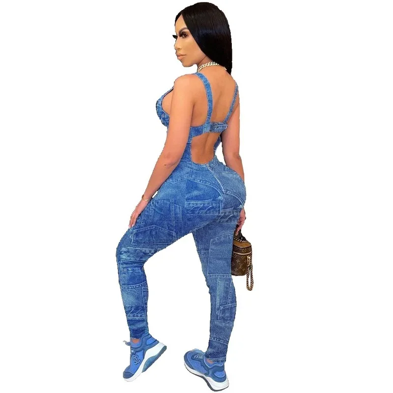 2024 New Fashion Spring Summer Suspenders Imitation Denim Print Jumpsuits Women Patchwork Collage Casual High Waist Slim Rompers