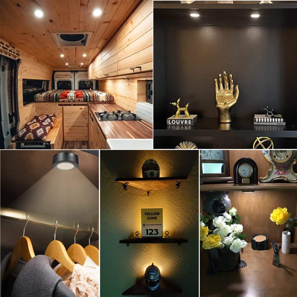 1-6Pcs Black CCT Round LED Under Cabinet Closet Light Furniture Dimmable Wardrobe Lamp Warmwhite White 3000-6500K Remote Control led cabinet light,cabinet lights,led cabinet lights,under cabinet light