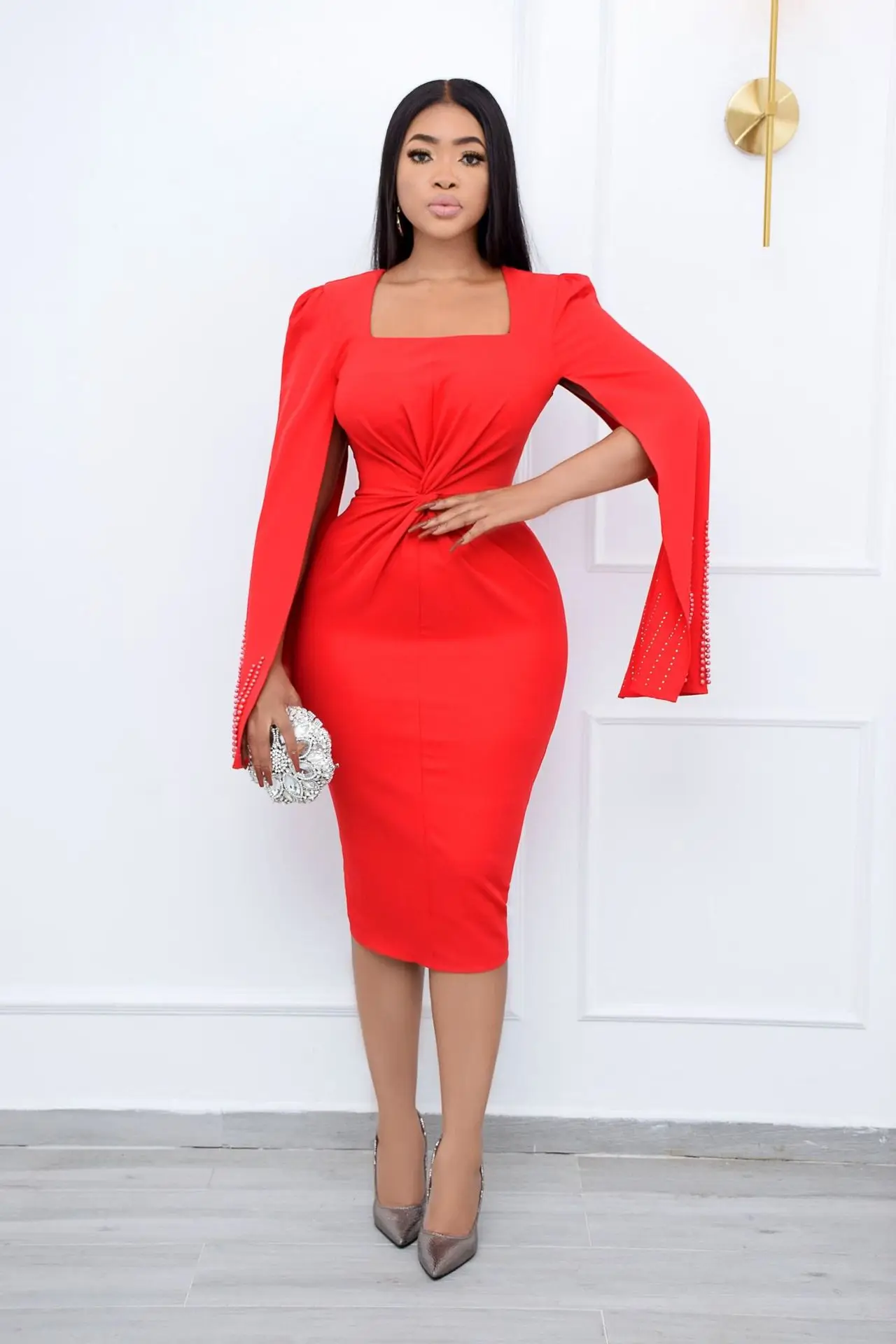 

Элегантное однотонное облегающее вечернее платье, женское модное платье миди со складками и рукавом-накидкой, женское платье для свадьбы