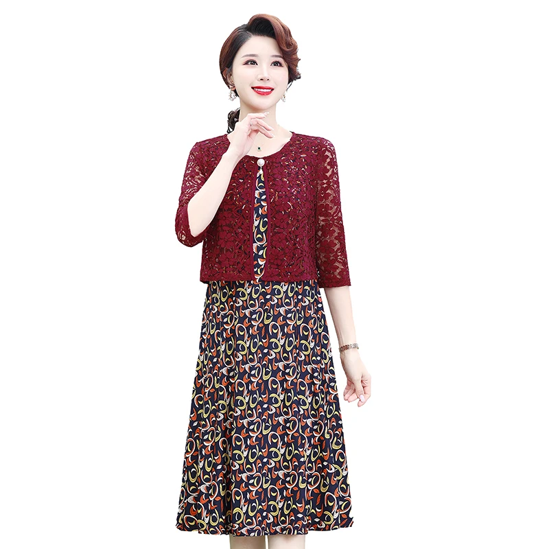 

2023 Summer Lace Dress Retro Casual Short Sleeve O-neck Floral Print Dresses Fake Two Elegant Party Dress Women Clothing