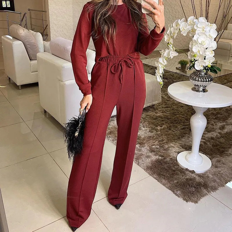 

Two-Piece Suit Women Outfits Y2K Long Sleeve Tshirt Top Straight-Leg Trousers O-neck Tshirt Tops High Waist Casual Pants