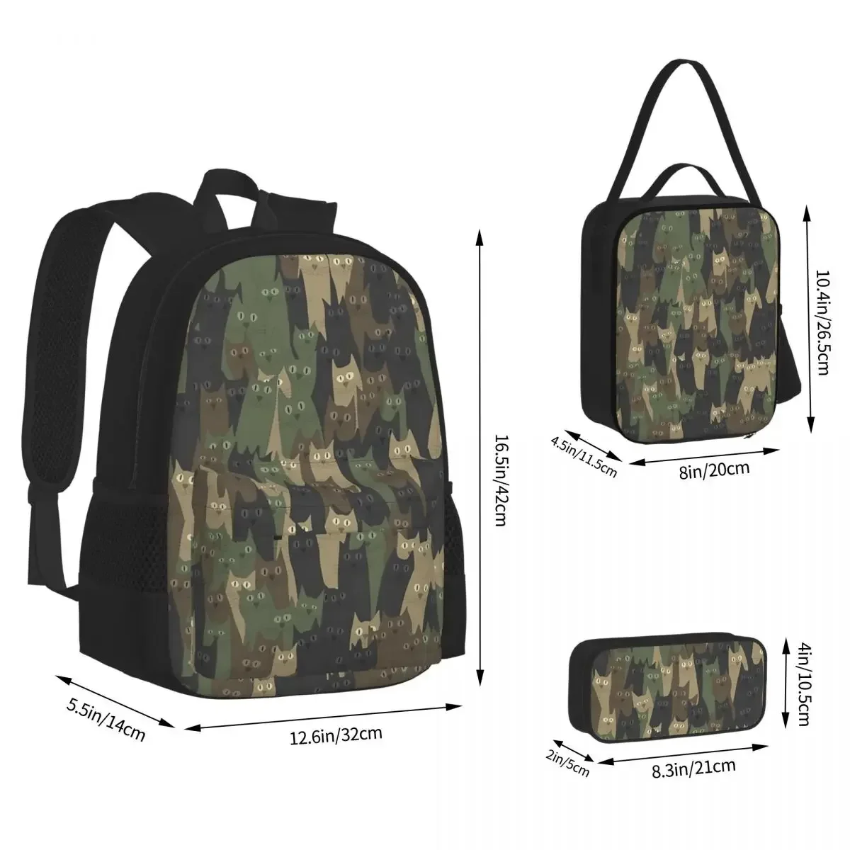 

Cats Army Camouflage Backpacks Boys Girls Bookbag Students School Bags Cartoon Kids Rucksack Lunch Bag Pen Bag Three-Piece Set