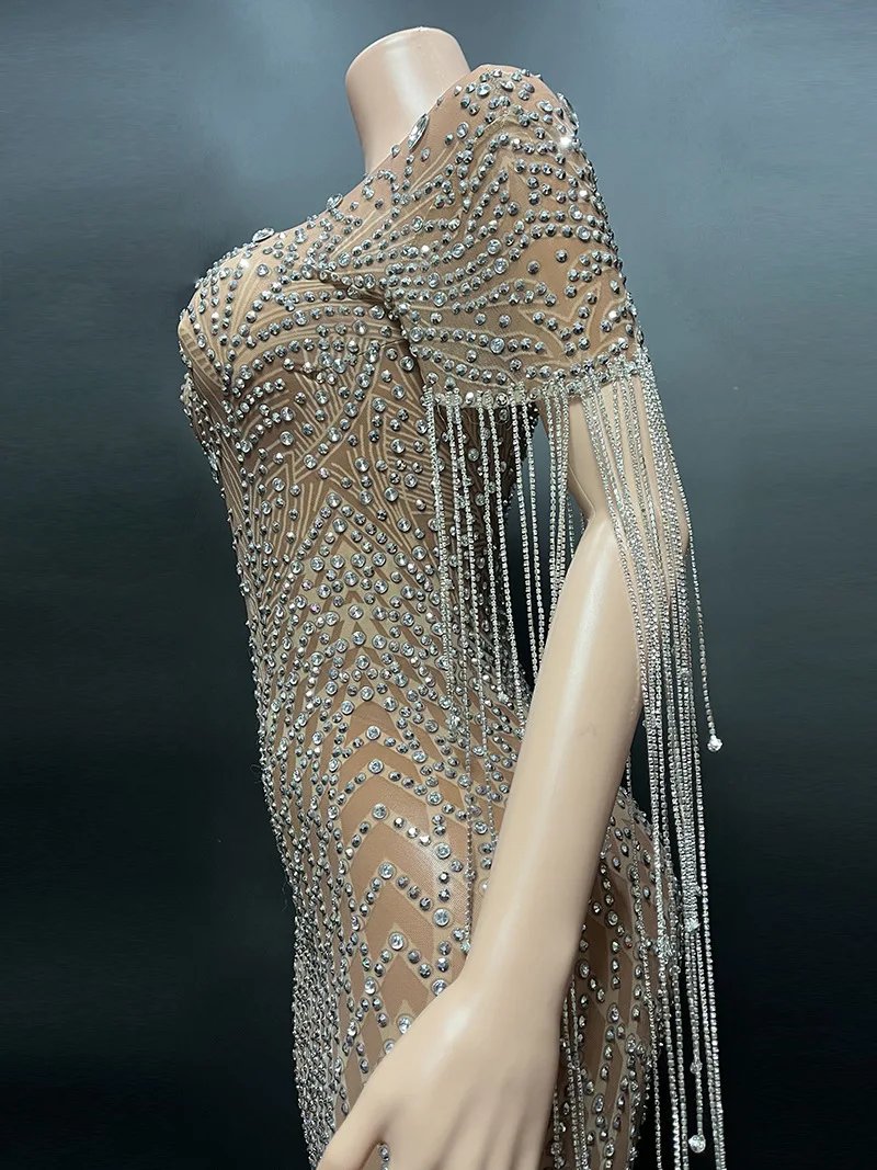 Transparent Long Diamond Dark Brown Party Dress Birthday Luxury Costume Fancy Brilliant Dancer Wedding Dress Impressive Dress 2