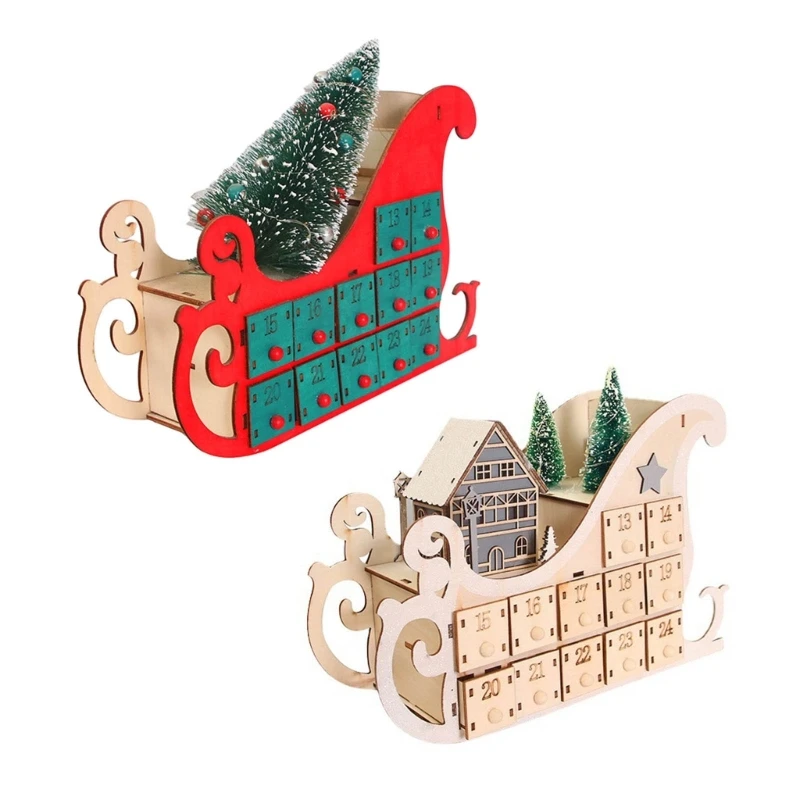Tree House Sleigh Wooden Advent Calendar Countdown Christmas Party Decor 24 Drawers with LED Light Ornament