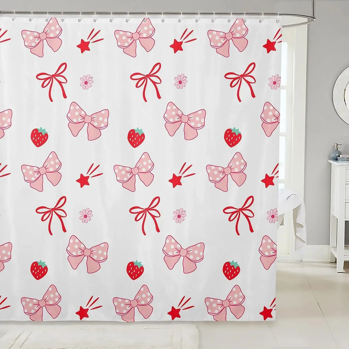 Strawberry Girl Pink Shower Curtain Bathroom Decor Fruit Summer Kids Bowknot Pattern Chic Modern Woman Polyester Bathtub Curtain 3