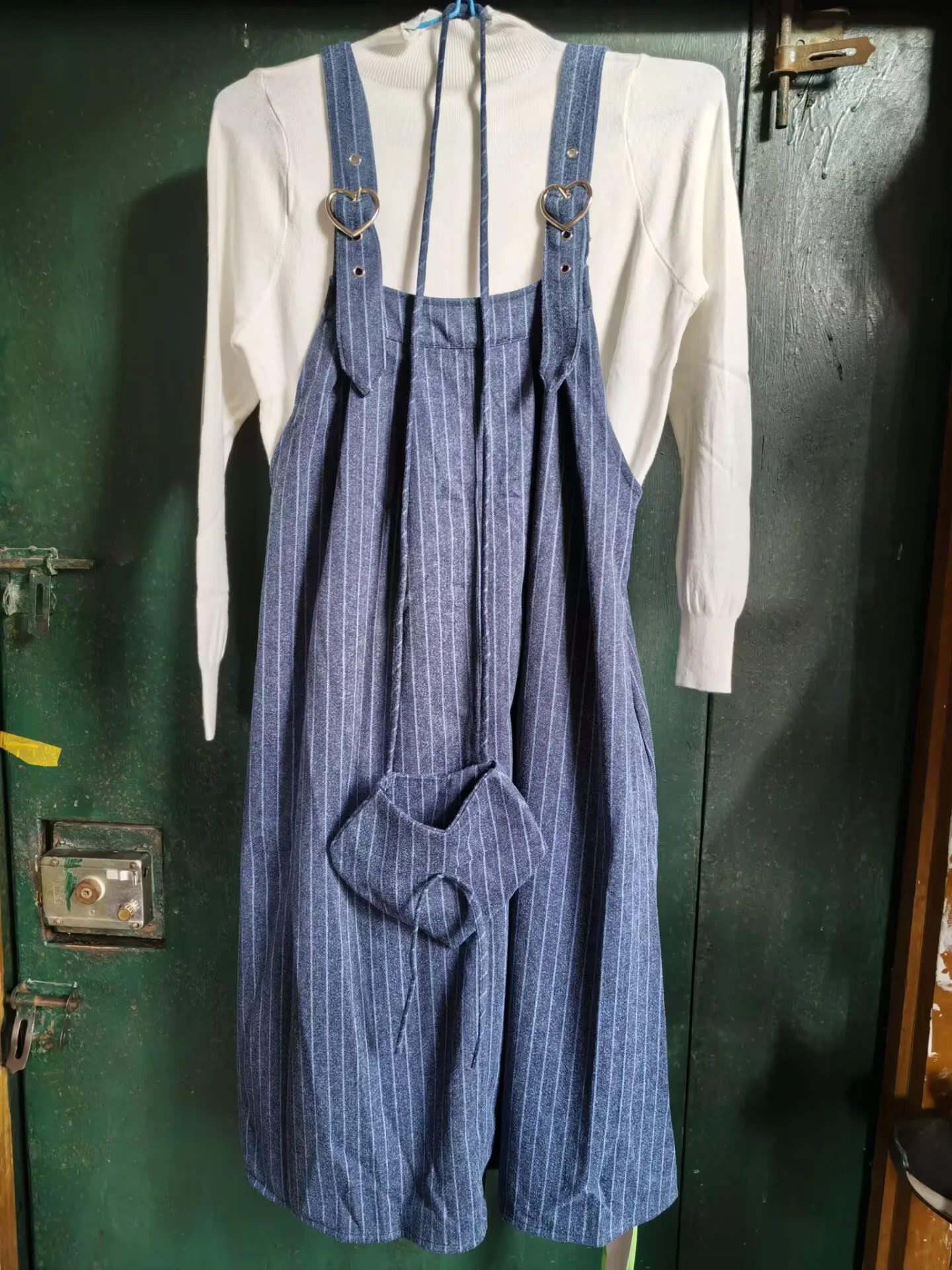 Korean Style Pregnant Women's Clothing Set Plus Size Maternity Dress Suits Long Sleeve White Shirts+Striped Strap Dress Twinset